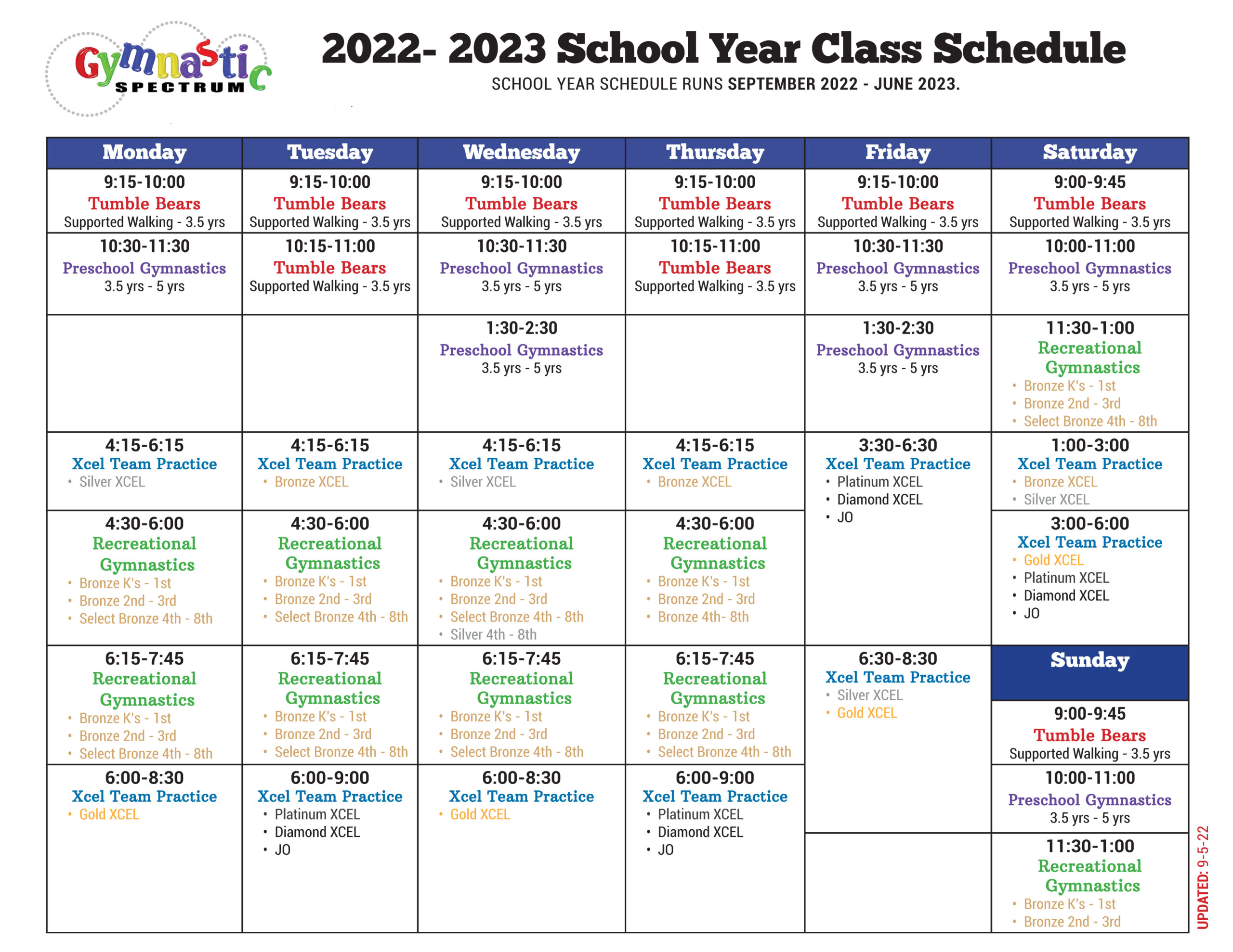 Class Schedules Gymnastic Spectrum